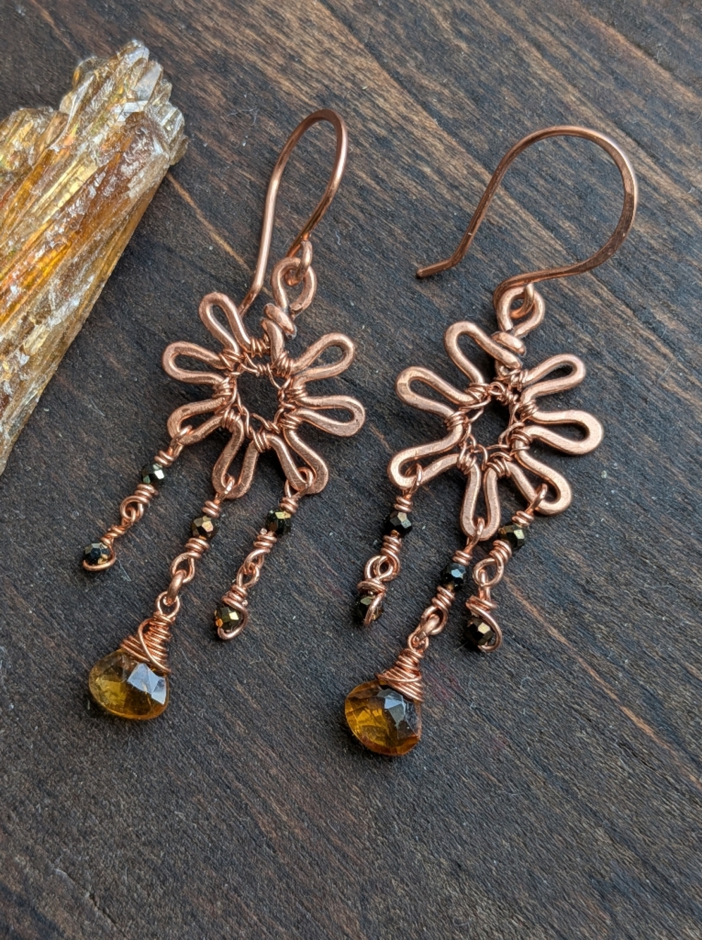 Copper Sunburst Earrings-Cognac Citrine Gems- Artisan Crafted Design-Summer Vibe - Picture 11 of 12